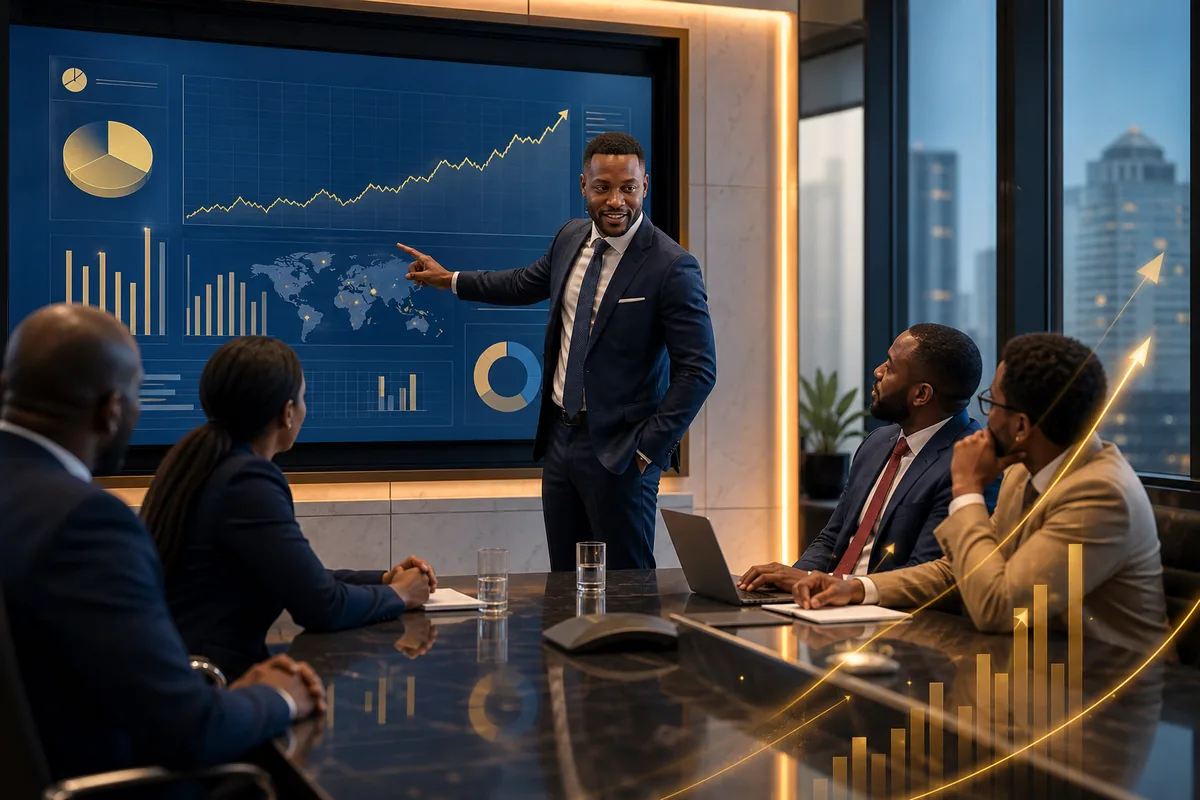 Entrepreneur presenting a business growth dashboard to investors