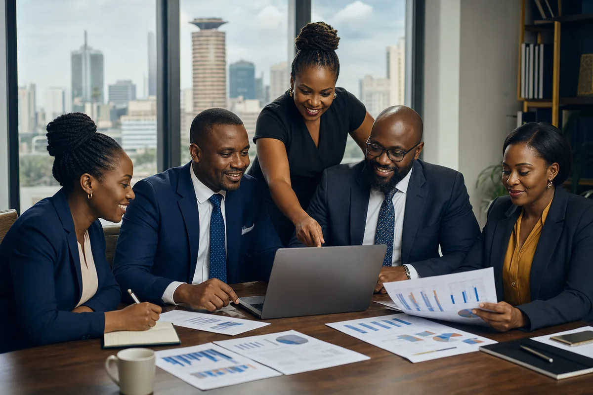 Finance advisors reviewing SME records and investment documents with business owners