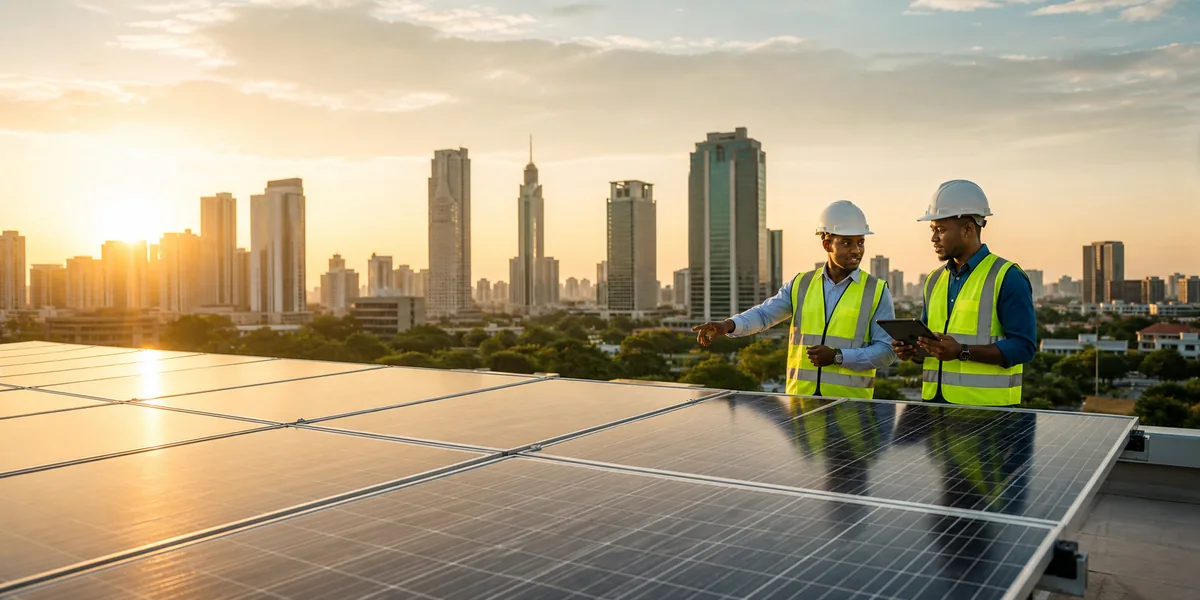 Solar engineers inspecting rooftop panels for a commercial energy project